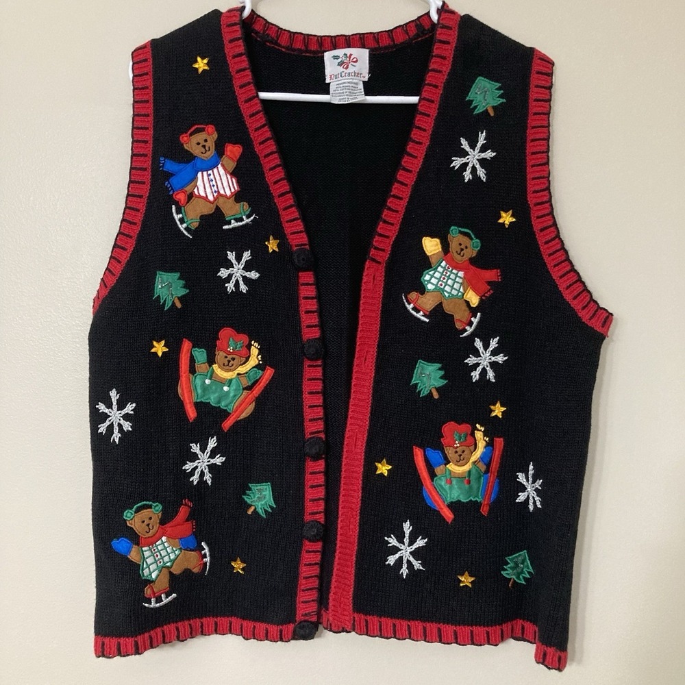 Nutcracker Vintage Womens Christmas Knit Black Vest Medium Embroidered Bears